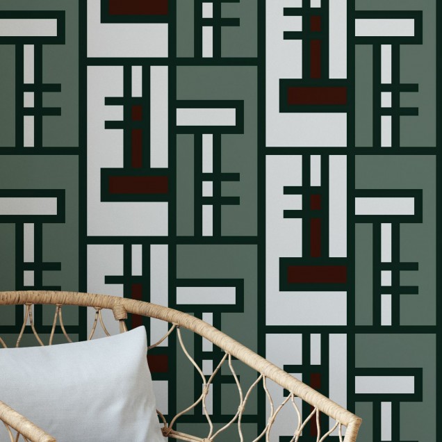 Tapet Green Brick, Shifted cu model geometric în nuanțe de verde și maro.