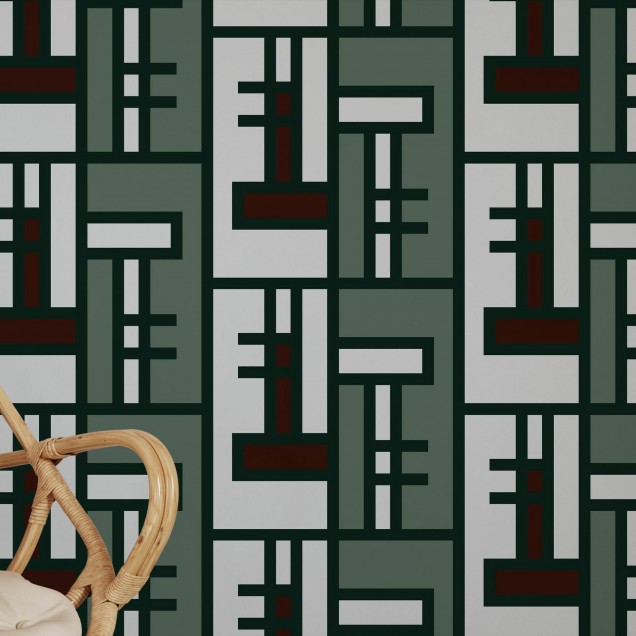Tapet Green Brick, Shifted cu model geometric în nuanțe de verde și maro.