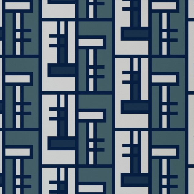 Blue Brick, Shifted - Tapet cu design geometric abstract în nuanțe de albastru și gri