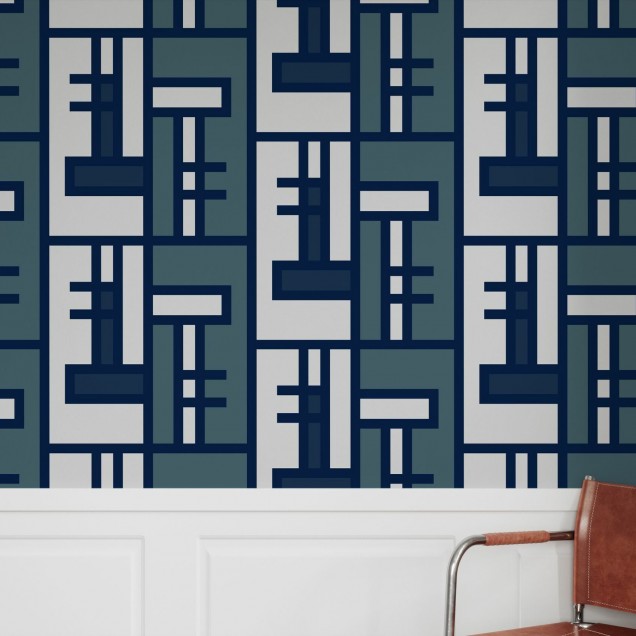 Blue Brick, Shifted - Tapet cu design geometric abstract în nuanțe de albastru și gri