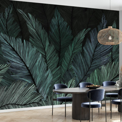 Fototapet cu frunze verzi luxuriante în decor interior modern