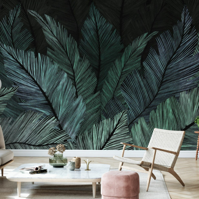 Fototapet cu frunze verzi luxuriante în decor interior modern