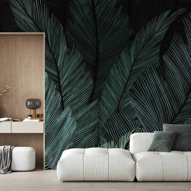 Fototapet cu frunze verzi luxuriante în decor interior modern