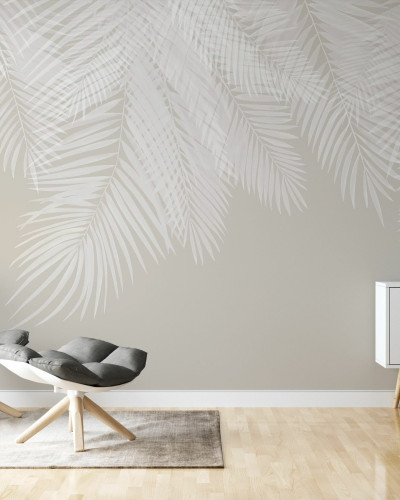 Fototapet cu frunze de palmier bej și albe într-un living modern