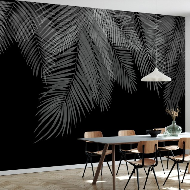 Tapet cu frunze de palmier suspendate, alb-negru, design minimalist