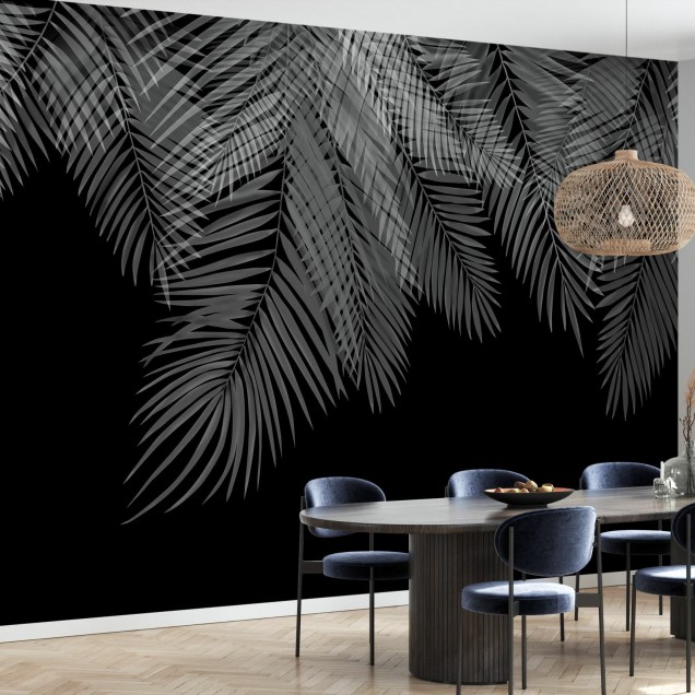 Tapet cu frunze de palmier suspendate, alb-negru, design minimalist