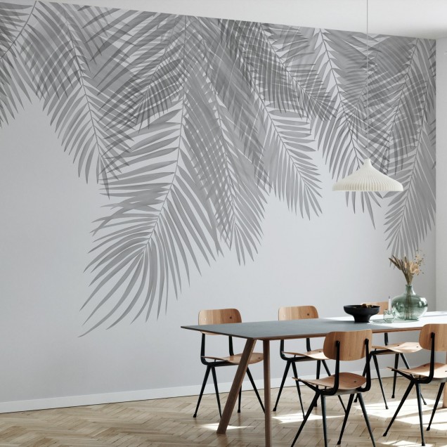 Tapet cu frunze de palmier gri, decoratiuni interioare, design modern