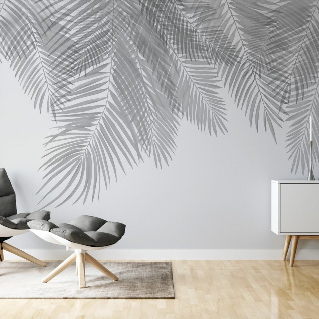 Tapet cu frunze de palmier gri, decoratiuni interioare, design modern