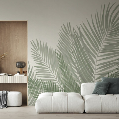 Fototapet cu siluete de frunze de palmier verzi în living modern