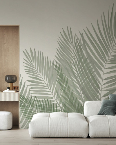 Fototapet cu siluete de frunze de palmier verzi în living modern