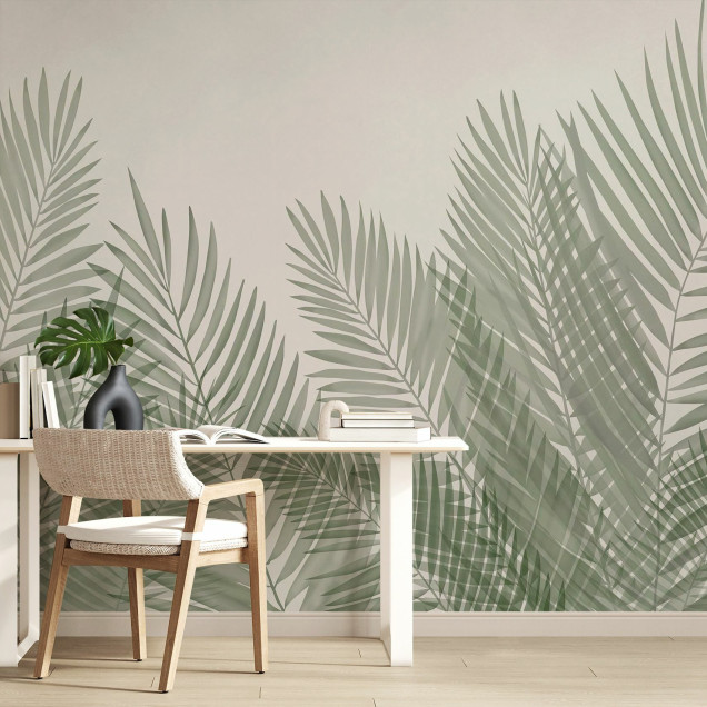 Fototapet cu siluete de frunze de palmier verzi în living modern
