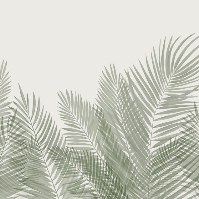 Fototapet cu frunze de palmier bej-verzui într-un dormitor