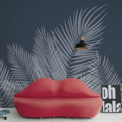 Fototapet cu frunze de palmier albastre într-un interior modern