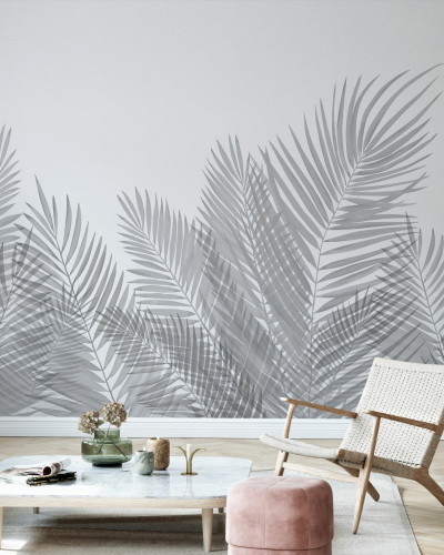 Fototapet cu frunze de palmier gri într-un interior modern