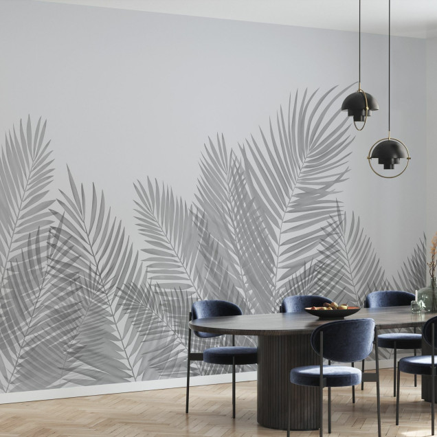 Fototapet cu frunze de palmier gri într-un interior modern