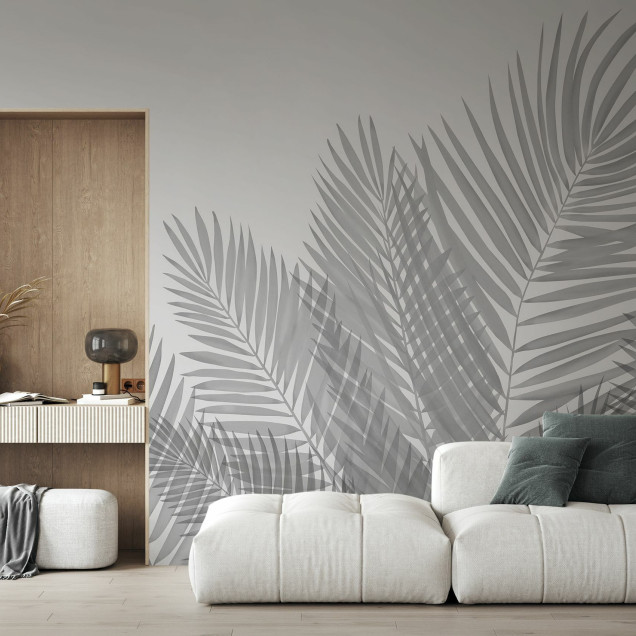 Fototapet cu frunze de palmier gri într-un interior modern