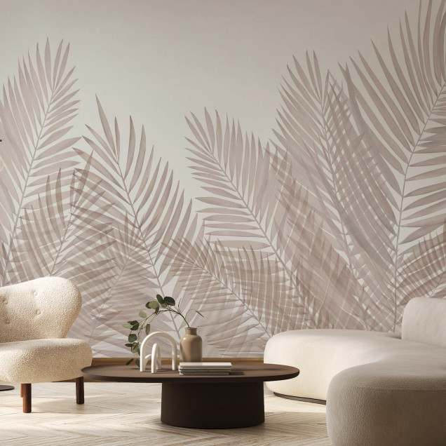 Tapet decorativ cu frunze de palmier sepia într-o sufragerie modernă