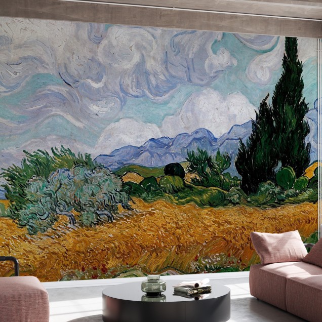 Tapet foto cu un peisaj impresionant din celebra pictură a lui Van Gogh, Wheatfield with Cypresses.