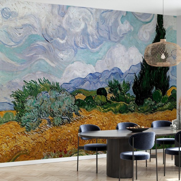 Tapet foto cu un peisaj impresionant din celebra pictură a lui Van Gogh, Wheatfield with Cypresses.