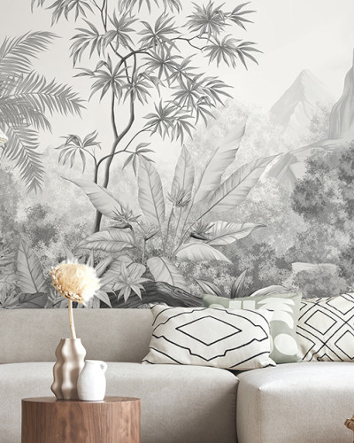 Fototapet cu junglă exotică în nuanțe de gri, decor interior