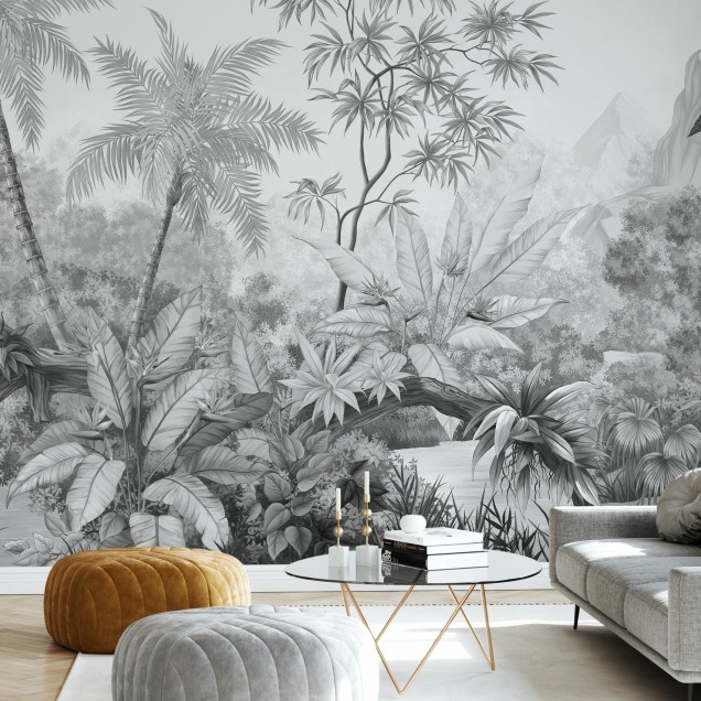 Fototapet cu junglă exotică în nuanțe de gri, decor interior