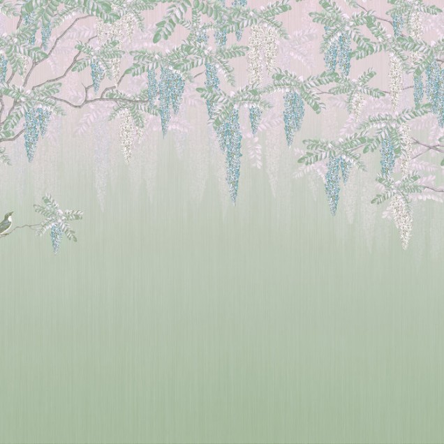 Tapet floral Wisteria Green cu design sofisticat, perfect pentru a crea un accent dramatic într-o cameră de zi, dormitor sau baie.