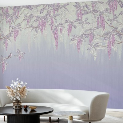 Fototapet Wisteria, Violet, cu flori mov pe un fundal liliac