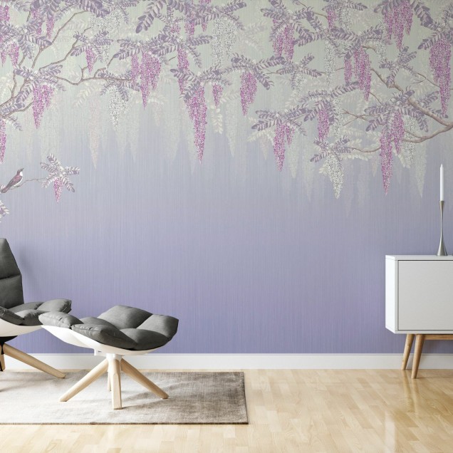 Fototapet Wisteria, Violet, cu flori mov pe un fundal liliac