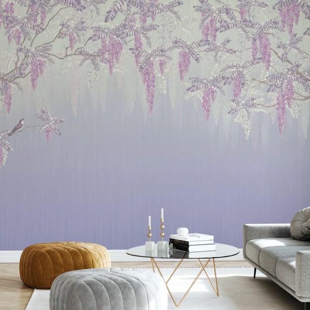 Fototapet Wisteria, Violet, cu flori mov pe un fundal liliac