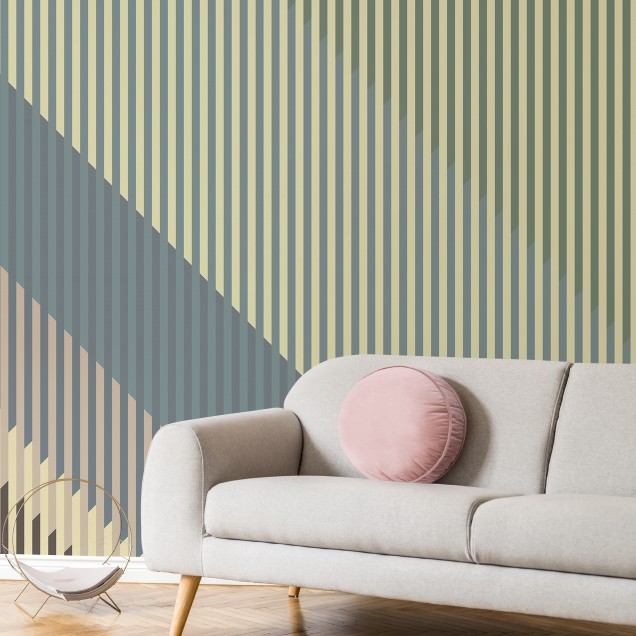 Wallpaper cu dungi verticale subtile, în culori reci, perfect pentru un living, dormitor sau hol.