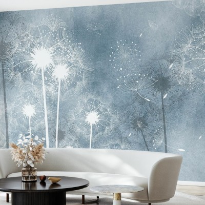 Tapet Dandelion Sky cu design floral de păpădie albă pe fundal gri-albastru