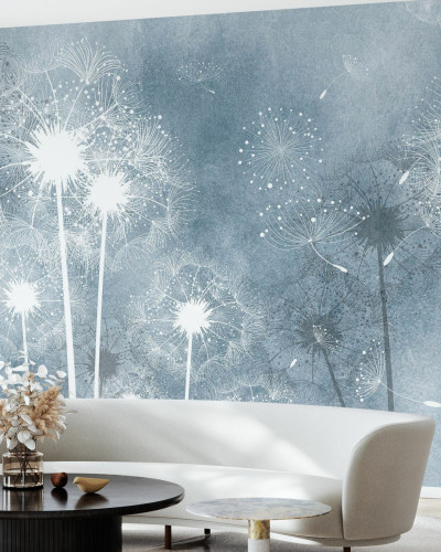 Tapet Dandelion Sky cu design floral de păpădie albă pe fundal gri-albastru