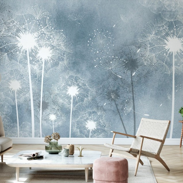 Tapet Dandelion Sky cu design floral de păpădie albă pe fundal gri-albastru