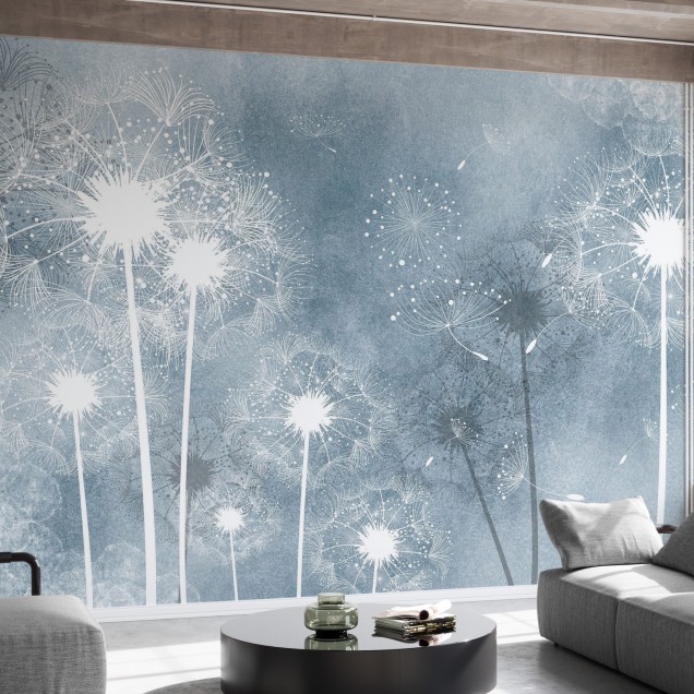 Tapet Dandelion Sky cu design floral de păpădie albă pe fundal gri-albastru