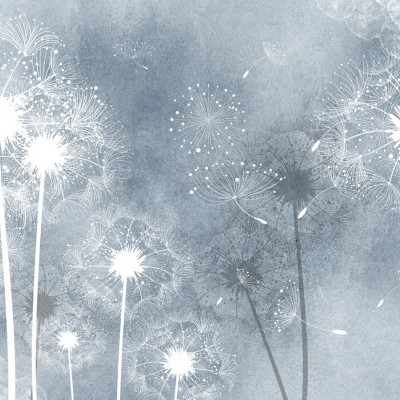 Tapet Dandelion Sky cu design floral de păpădie albă pe fundal gri-albastru