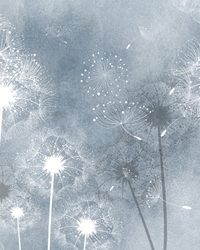 Tapet Dandelion Sky cu design floral de păpădie albă pe fundal gri-albastru