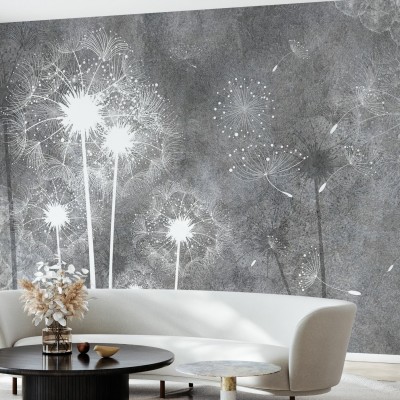 Tapet cu motive de păpădie pe un fundal gri. Designul minimalist este perfect pentru decorarea dormitorului, salonului, sau a unui birou.