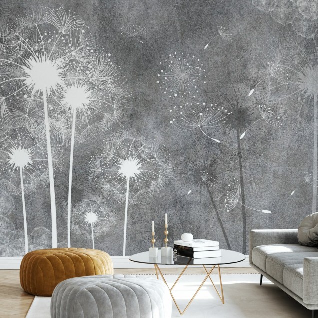 Tapet cu motive de păpădie pe un fundal gri. Designul minimalist este perfect pentru decorarea dormitorului, salonului, sau a unui birou.