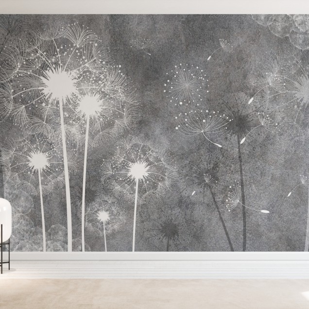 Tapet cu motive de păpădie pe un fundal gri. Designul minimalist este perfect pentru decorarea dormitorului, salonului, sau a unui birou.