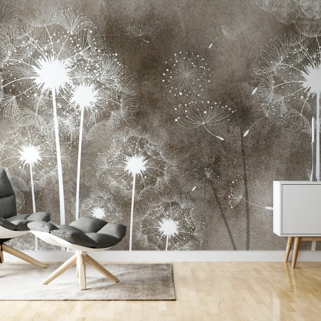 Tapet Dandelion Sky IV cu flori de păpădie albe pe fond brun