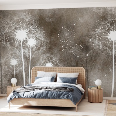 Tapet Dandelion Sky IV cu flori de păpădie albe pe fond brun