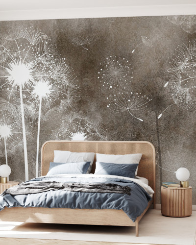 Tapet Dandelion Sky IV cu flori de păpădie albe pe fond brun