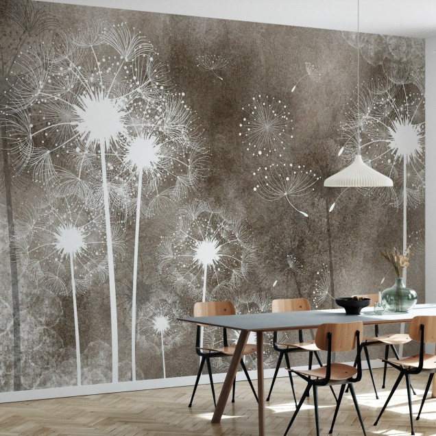 Tapet Dandelion Sky IV cu flori de păpădie albe pe fond brun