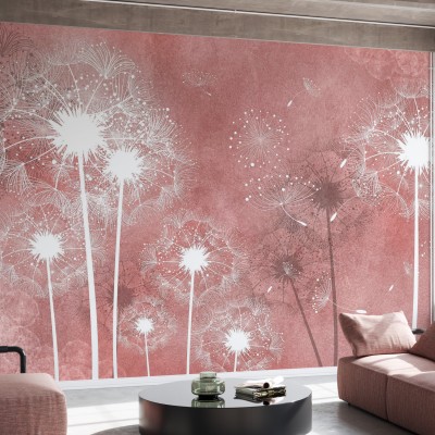 Tapet cu flori de păpădie albe pe un fundal roz, ideal pentru decorarea pereților casei