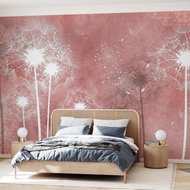 Tapet cu flori de păpădie albe pe un fundal roz, ideal pentru decorarea pereților casei