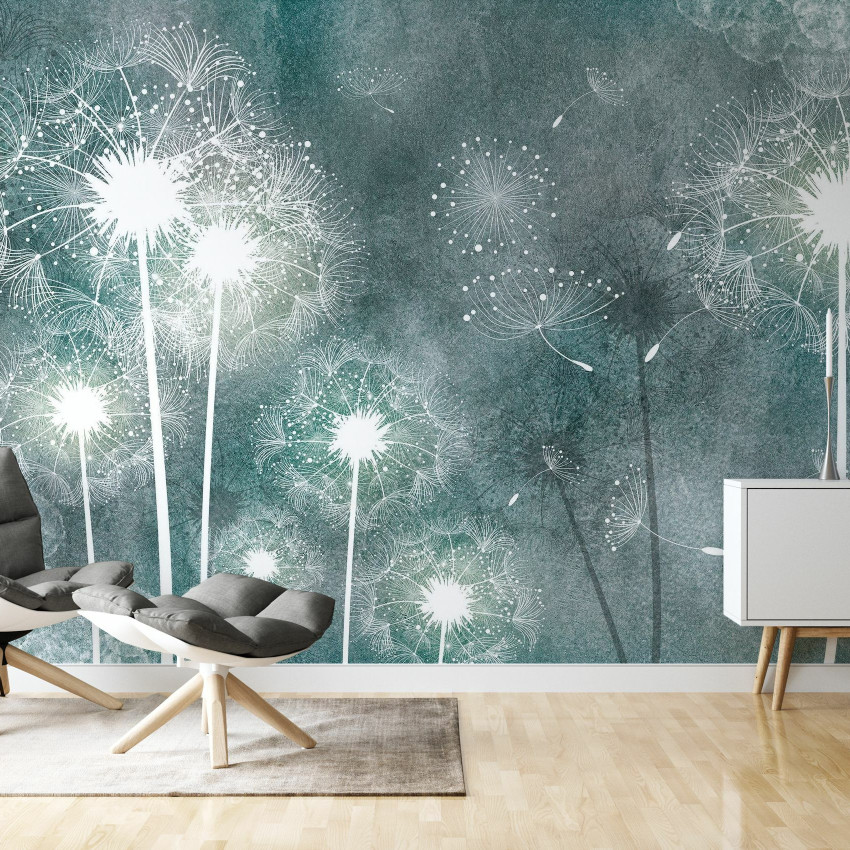 Tapet Dandelion Sky cu design floral de păpădie albă pe fundal gri-albastru