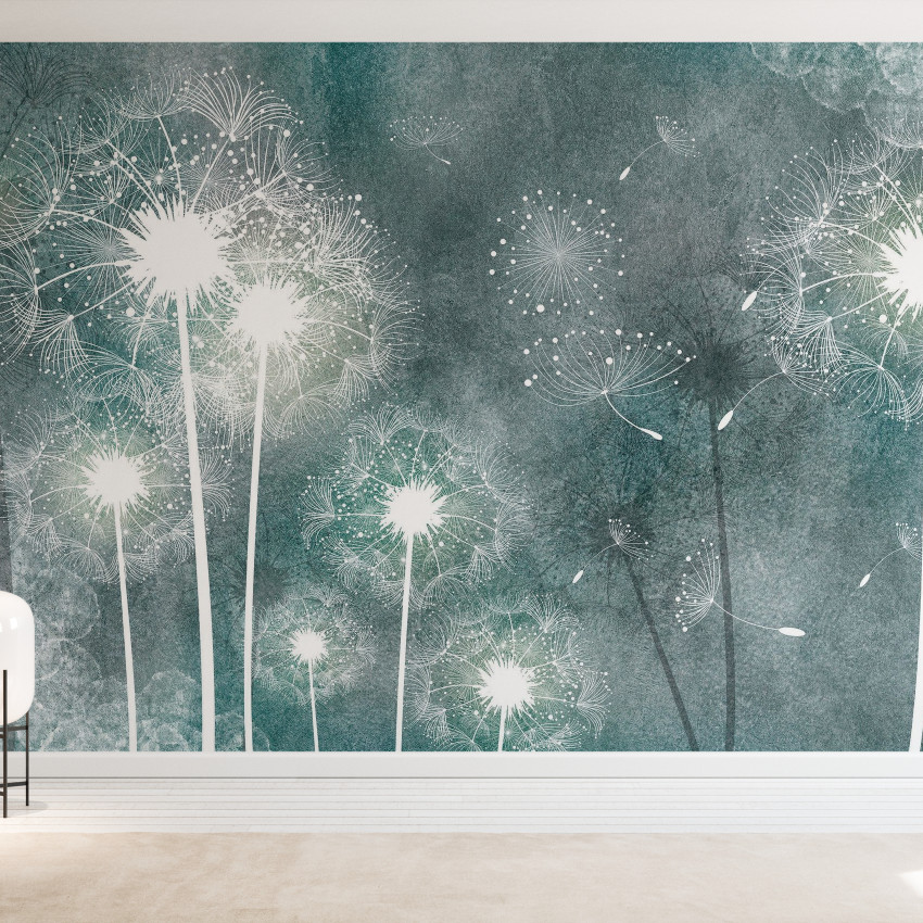 Tapet Dandelion Sky cu design floral de păpădie albă pe fundal gri-albastru