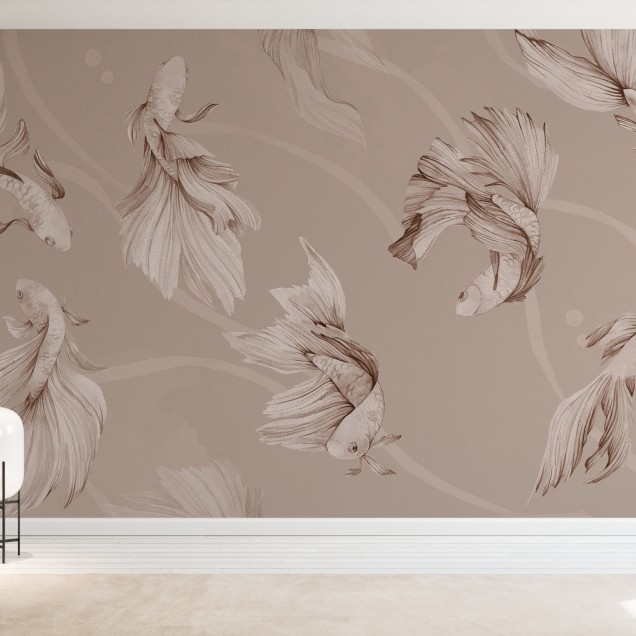 Tapet cu design minimalist cu pești Koi în sepia.