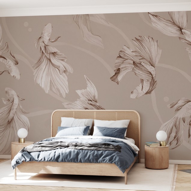 Tapet cu design minimalist cu pești Koi în sepia.