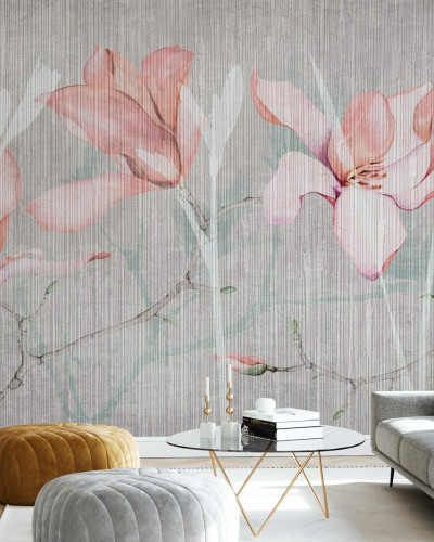 Tapet floral cu flori de magnolie delicate, design modern și elegant, perfect pentru dormitor, sufragerie sau birou.